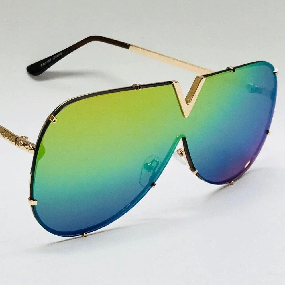 Sunglasses Rainbow Flat Lens V Shield Visor Gold Frame‎ Fashion Shades Oversized